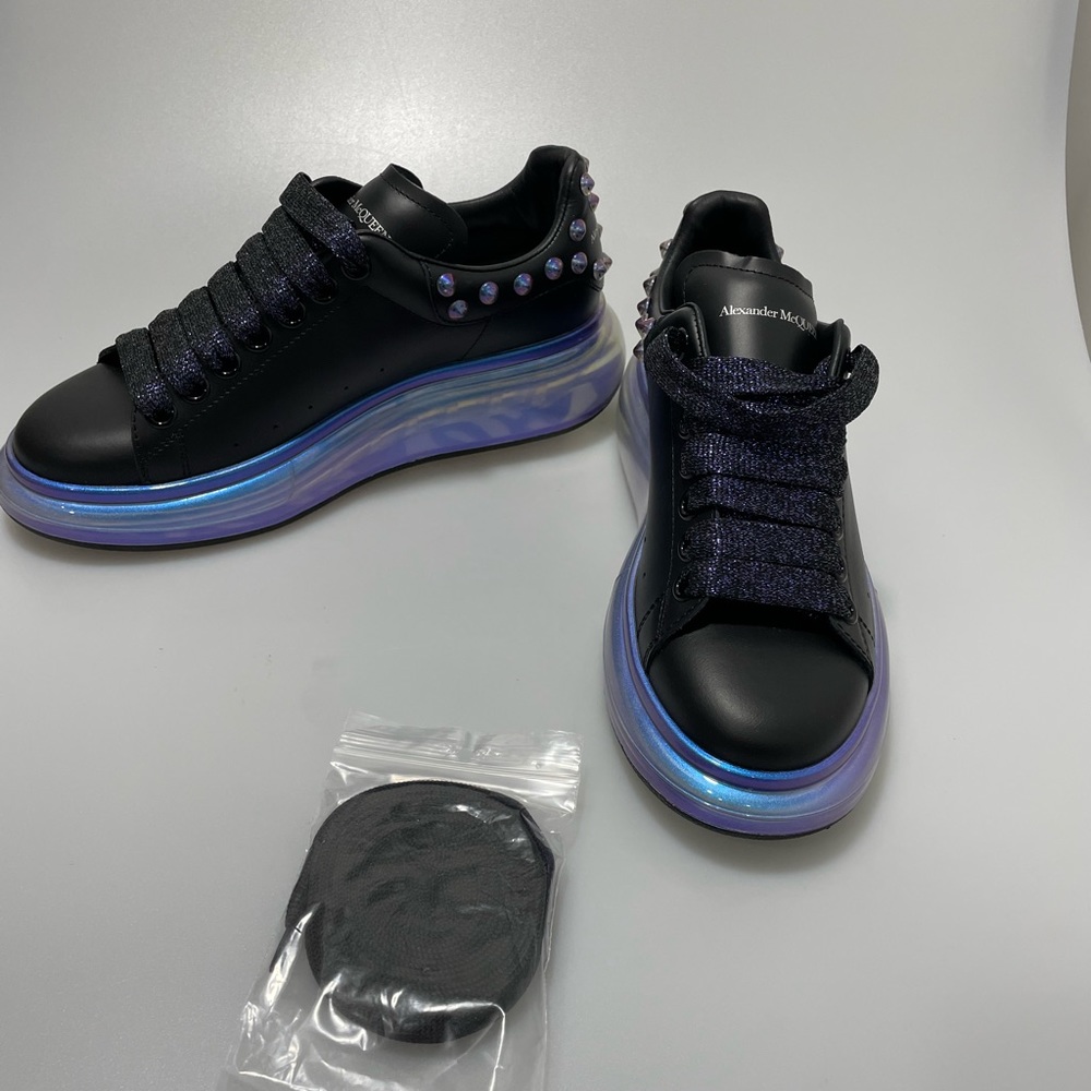 Alexander McQueen Black Leather Sneakers with Iridescent Blue Platform - Picture 3 of 11